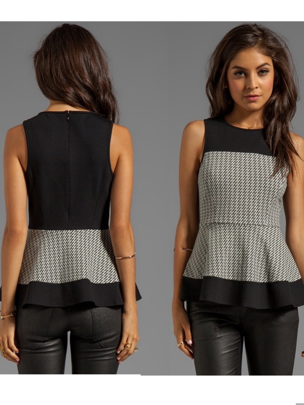 Tibi Houndstooth Colorblock Sleeveless Knit Peplum Top